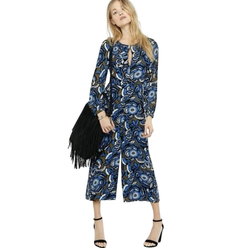 NWT Express Blue Brown Floral Cropped Wide Leg Jumpsuit Size 4 Pockets